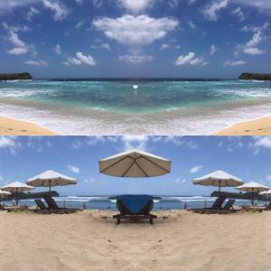 two pictures of a beach with chairs and umbrellas at Hill Dance Bali American Hotel in Jimbaran