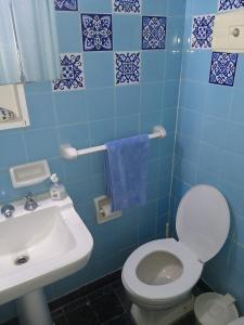 La salle de bains est pourvue de carrelage bleu, de toilettes et d'un lavabo. dans l'établissement MONOAMBIENTE VINTAGE, à Mar del Plata