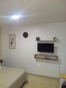 ein Zimmer mit einem Bett und einem Fernseher an der Wand in der Unterkunft MONOAMBIENTE VINTAGE in Mar del Plata