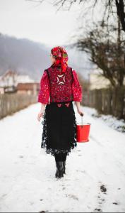 Una donna che cammina nella neve con un secchio rosso di Pensiunea Casiana a Ciulpăz