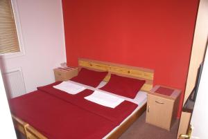 a red bedroom with a bed with two red pillows at Rooms Lisičić in Kolašin