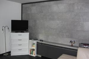 sala de estar con pared y TV. en Ferienwohnung Haus Cerny en Bad Goisern