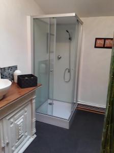 a bathroom with a shower with a glass shower stall at Chambre Sergeanne in Doulezon