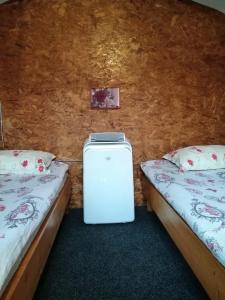 a room with two beds and a refrigerator between them at Cazare Ocna Sibiului in Ocna Sibiului