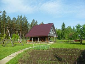 una casa con un tetto rosso in un cortile di Guest House Ziedkalni a Dūmele