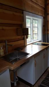 a kitchen with a sink and a counter top at Tiny house with Fjordview! in Lauvstad