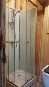 a shower with a glass door in a bathroom at Tiny house with Fjordview! in Lauvstad