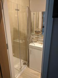 a bathroom with a shower and a sink at Lion House Bed & Breakfast with Restaurant in Combe Martin