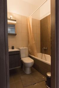 a bathroom with a toilet and a tub and a sink at Centrally Located Apartment in Volos