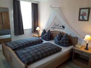 een slaapkamer met 2 bedden en een baldakijn bij Gästehaus Frankenwaldhof in Bad Steben