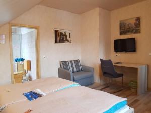 um quarto com uma cama, uma cadeira e uma televisão em Haus am Kurpark em Sankt Andreasberg