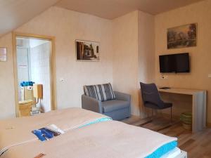 a bedroom with a bed and a chair and a television at Haus am Kurpark in Sankt Andreasberg