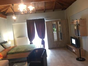 a bedroom with a large bed and a television at Archontiko Kirfis in Desfina in Dhesfína