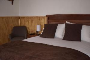 a bedroom with a bed and a chair and a lamp at Apartamentos Yagan in La Junta