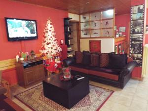 a living room with a christmas tree and a couch at Hotel Faraggi in Kleidoniá