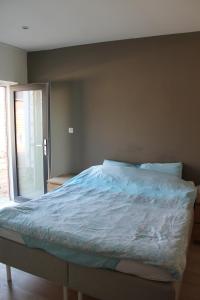 ein großes Bett in einem Schlafzimmer mit Fenster in der Unterkunft Logie Rotem in Dilsen-Stokkem