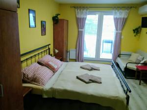 een slaapkamer met een bed, een bank en een raam bij Apartmán Aqua Podhájska in Podhájska