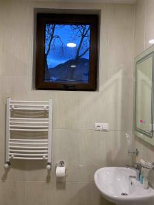 a bathroom with a sink and a window at Hotel Patriot in Mestia