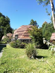 an old house with a thatched roof in a yard at Karü Domos del Fuy in Neltume