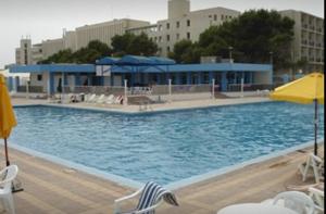 宰拉勒達的住宿－Hotel Mazafran，一个带椅子和遮阳伞的大型游泳池