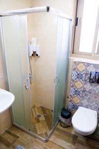 une salle de bain avec une douche avec des toilettes et un lavabo dans l'établissement Alrowwad Guest House, à Bethléem 73 autres photos