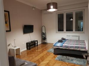 a bedroom with a bed and a flat screen tv at Lux Apartment in Belgrade 2 in Belgrade