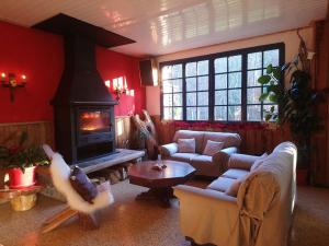 sala de estar con sofás y chimenea en Pyrenées Emotions, en Malvézie