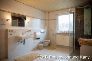 e bagno con servizi igienici, lavandino e doccia. di Ferienwohnung Kany a Bliesmengen-Bolchen