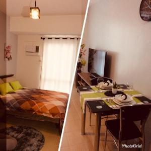 two pictures of a room with a bed and a table at Studio Fully Furnished in Manila