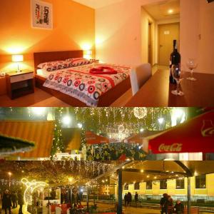 two pictures of a hotel room with a bed and christmas lights at Hotel Medium in Mostar