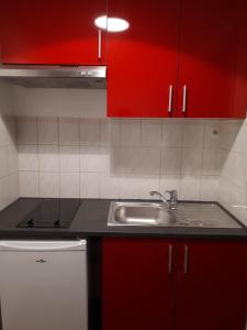 a kitchen with red cabinets and a sink at Studio Le Virgile - Annecy in Annecy