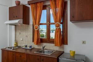 een keuken met een wastafel en een raam bij Margaritis Apartments in Agia Anna Naxos