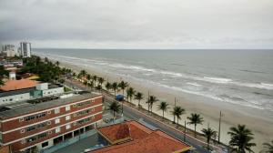 a view of a beach with palm trees and buildings at Edifício Copacabana frente para mar in Mongaguá