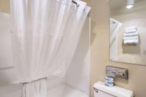 a bathroom with a shower with a white shower curtain at Econo Lodge Inn & Suites Yuba City in Yuba City