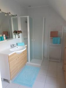 uma casa de banho branca com um lavatório e um chuveiro em Chambres d'Hôtes La Villa des Hortensias em Berck