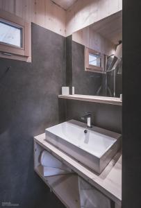 a bathroom with a white sink and a mirror at nancy's Holiday Homes Dolomites in Rasùn di Sotto