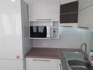 a small kitchen with a microwave and a sink at LBE apartments in Narva