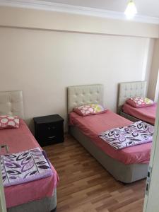 ブルサにあるAbbasi Apart-4のピンクのシーツが備わるベッド2台付きの部屋