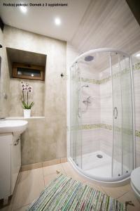een badkamer met een douche en een wastafel bij Urocze domki Zakopane in Zakopane