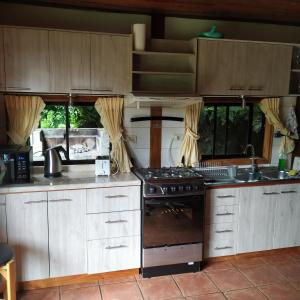 La cuisine est équipée de placards en bois et d'un four avec plaques de cuisson. dans l'établissement Omi Kika B&B, à Villarrica
