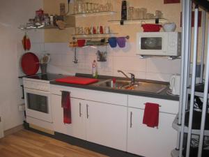 a small kitchen with a sink and a microwave at Spreewaldunterkunft Buchecker in Lübben
