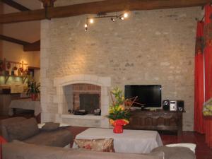 a living room with a fireplace and a tv at Les Chènevottes au Hameau 1936 in Cherveux