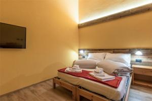 a hotel room with a bed and a tv at Agriturismo La Poina in Livigno