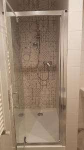 a shower with a glass door in a bathroom at LVIV WALL STREET APT in Lviv +19 photos