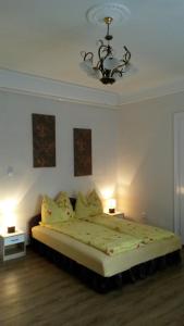 a bedroom with a large bed with two night stands at ENZO Apartman Gyula in Gyula