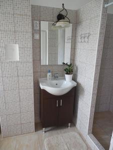 a bathroom with a sink and a mirror at ENZO Apartman Gyula in Gyula