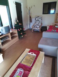 ein Wohnzimmer mit einem Weihnachtsbaum und einer Couch in der Unterkunft Ορεινή μονοκατοικία στα Χαλκιάνικα - Κοντά στη Ζαρούχλα - λίμνη Τσιβλού in Khalkiánika