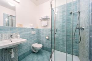 a bathroom with a shower and a toilet and a sink at Hotel Sharingham in Brno