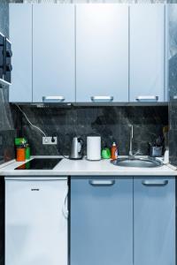 a kitchen with blue cabinets and a sink at Mini Hotel Barvy Lvova on Horodotska St. in Lviv