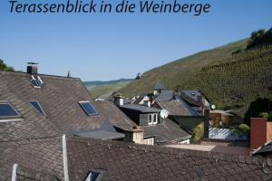 una ciudad con techos y una montaña en el fondo en Ferienhaus Alina, en Bernkastel-Kues